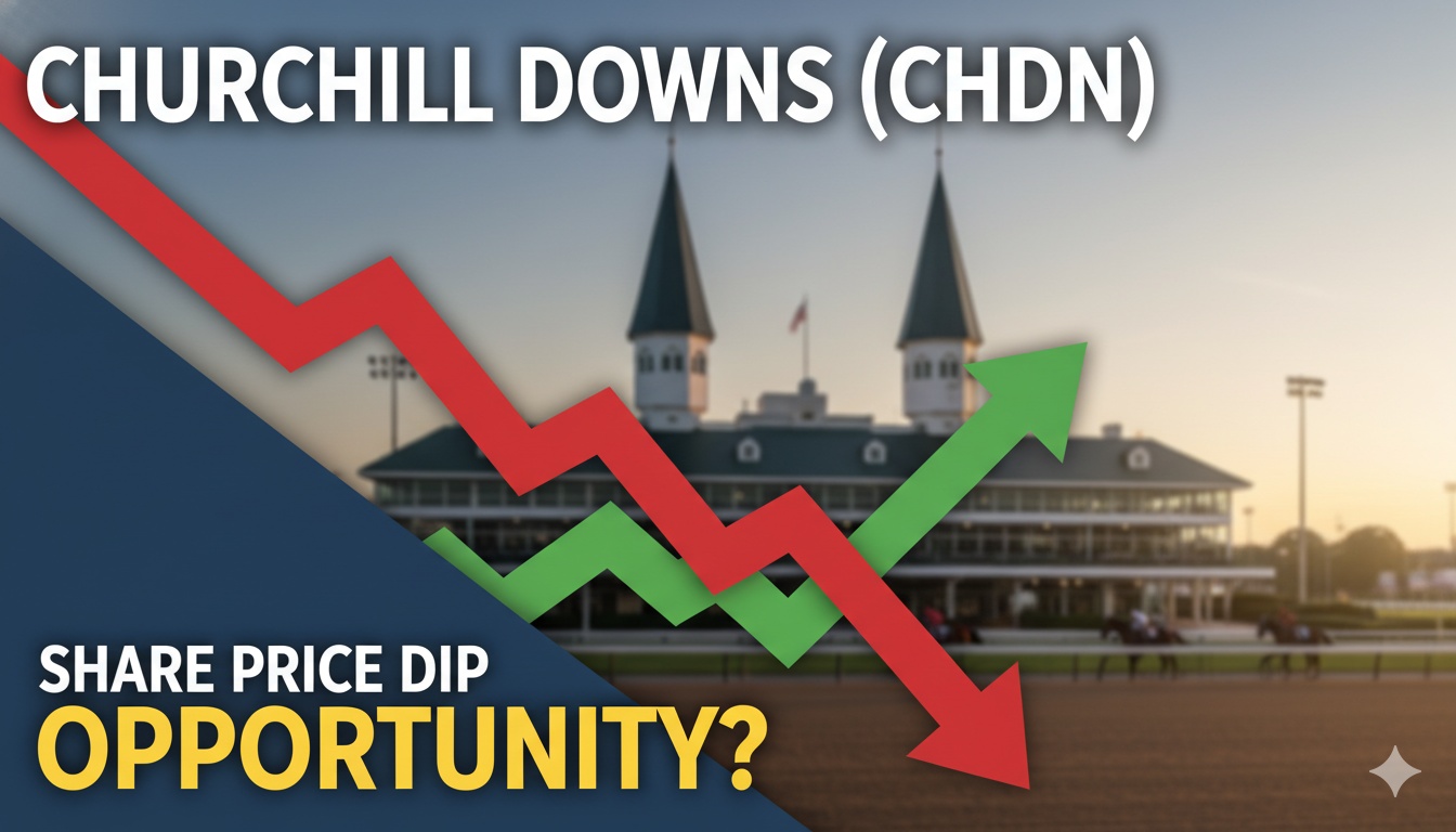 Line graph of Churchill Downs stock price showing recent decline against a backdrop of a racetrack
