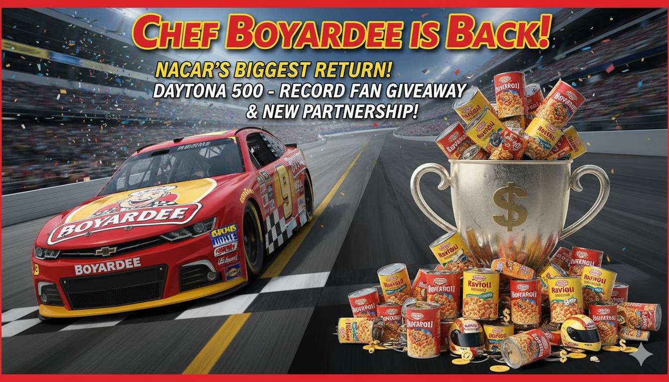 Chef Boyardee branded NASCAR car speeding on the track at Daytona International Speedway