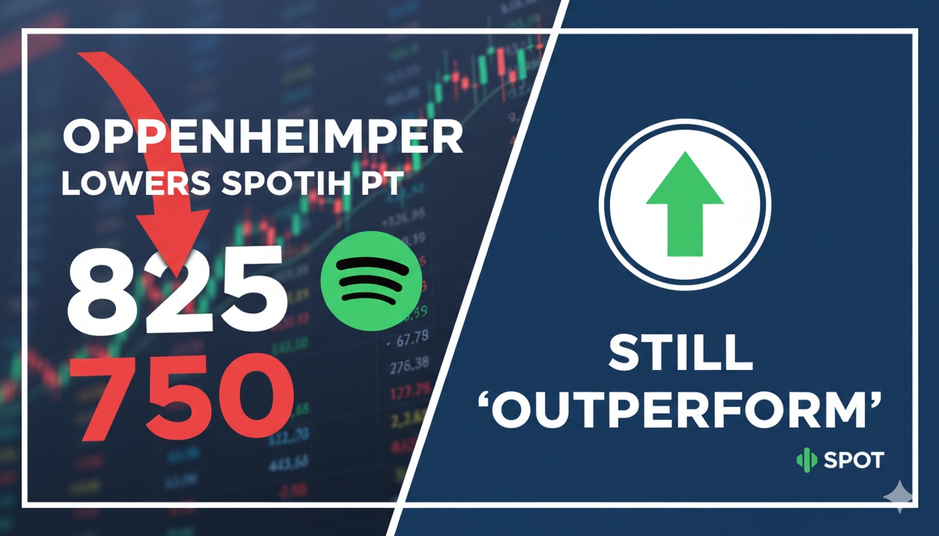 Spotify logo overlaid on a downward trending stock chart with analyst rating text.