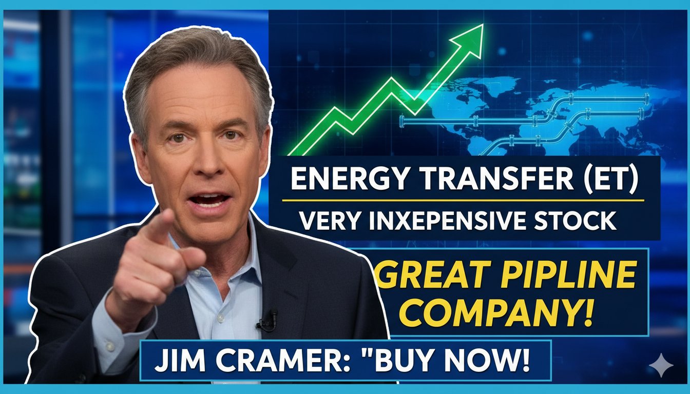 Alt Text for featured image Stock chart and pipeline infrastructure representing Energy Transfer LP (ET) with Jim Cramer commentary overlay