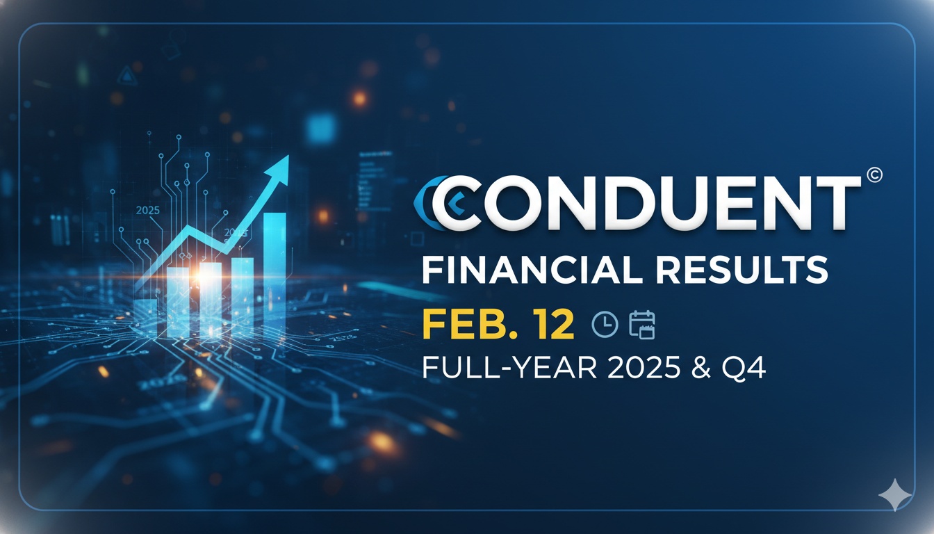 Conduent corporate headquarters with financial charts overlay