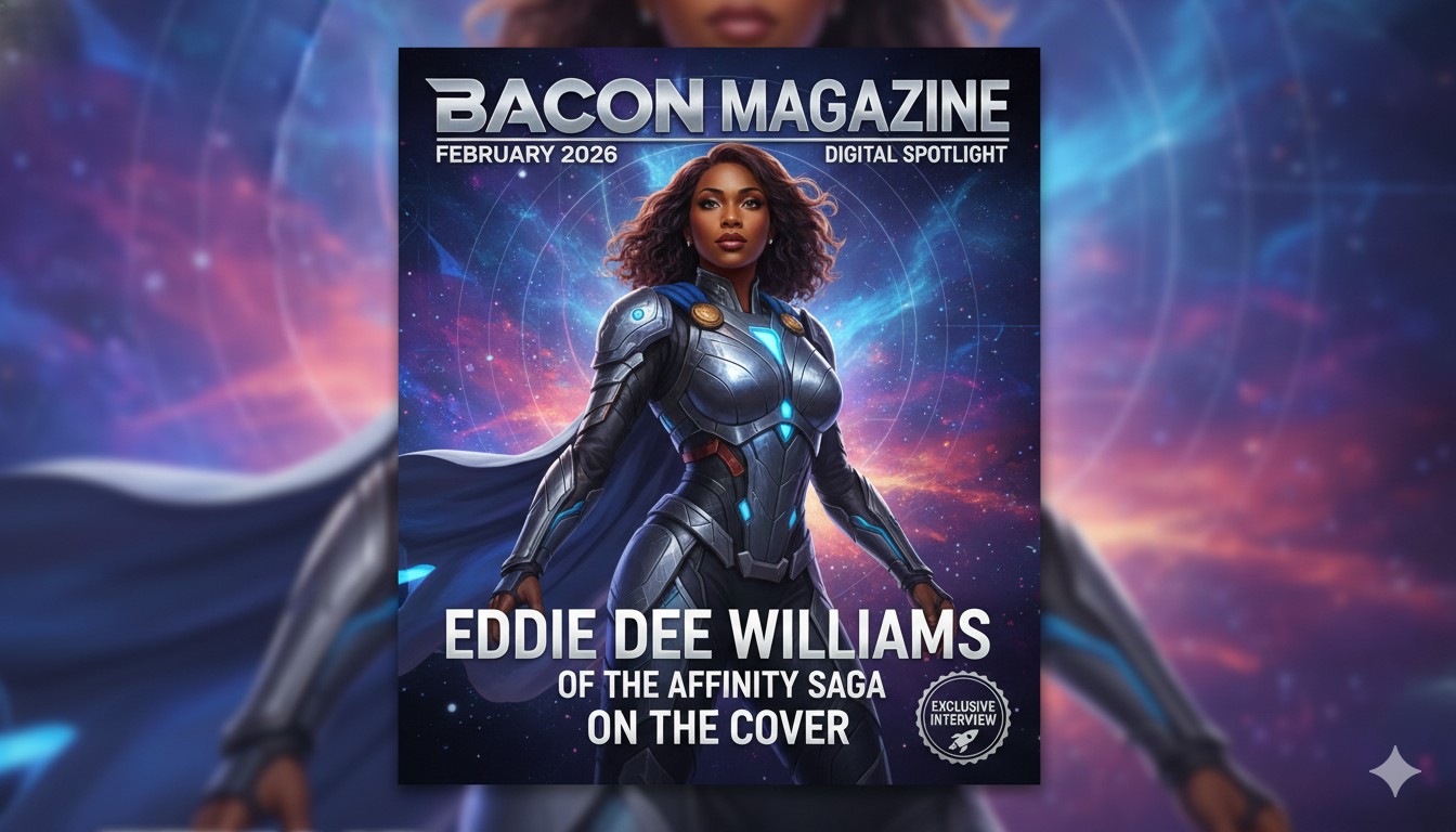 Eddie Dee Williams, author and founder of The Affinity Saga, featured on the February 2026 Digital Spotlight Cover of Bacon Magazine