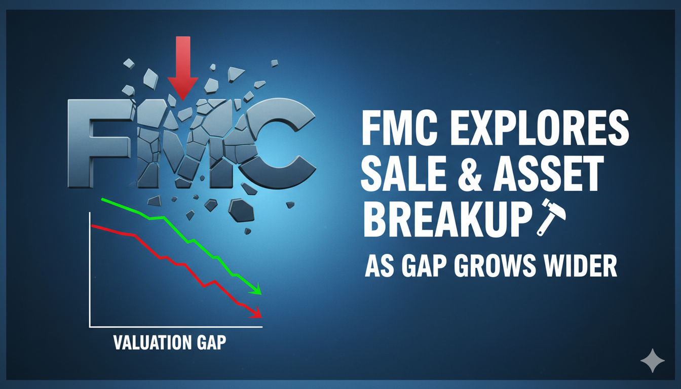 FMC Corporation headquarters building with stock chart overlay showing declining share price and strategic review announcement