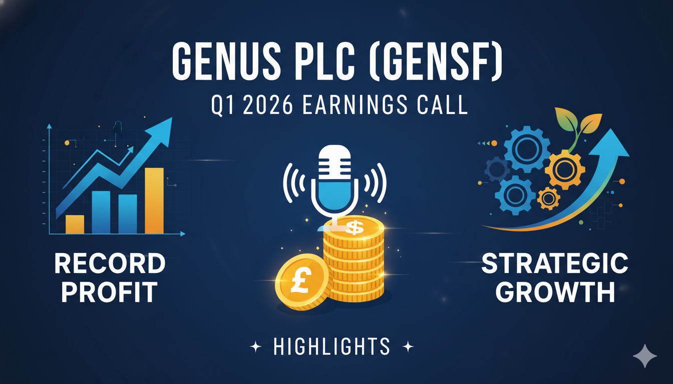 Stock chart and financial highlights of Genus PLC (GENSF) showing record profit growth in first half 2026 earnings
