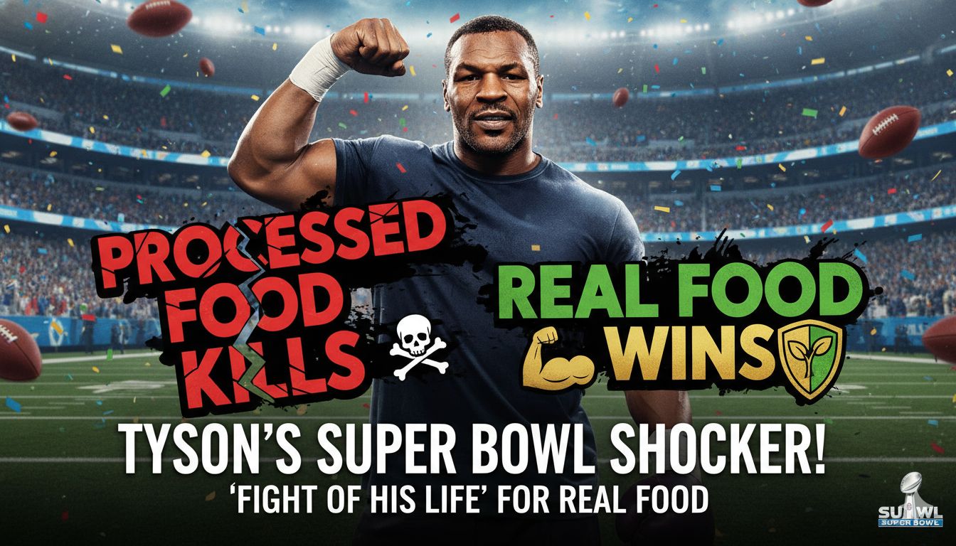 Mike Tyson standing in a boxing ring surrounded by fresh fruits and vegetables, symbolizing the fight against processed foods.