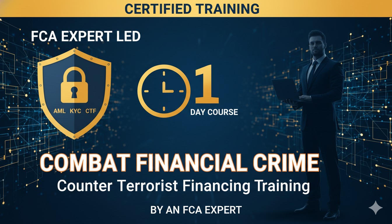 Professional conducting AML KYC CTF training session with FCA expert leading the course on financial crime compliance