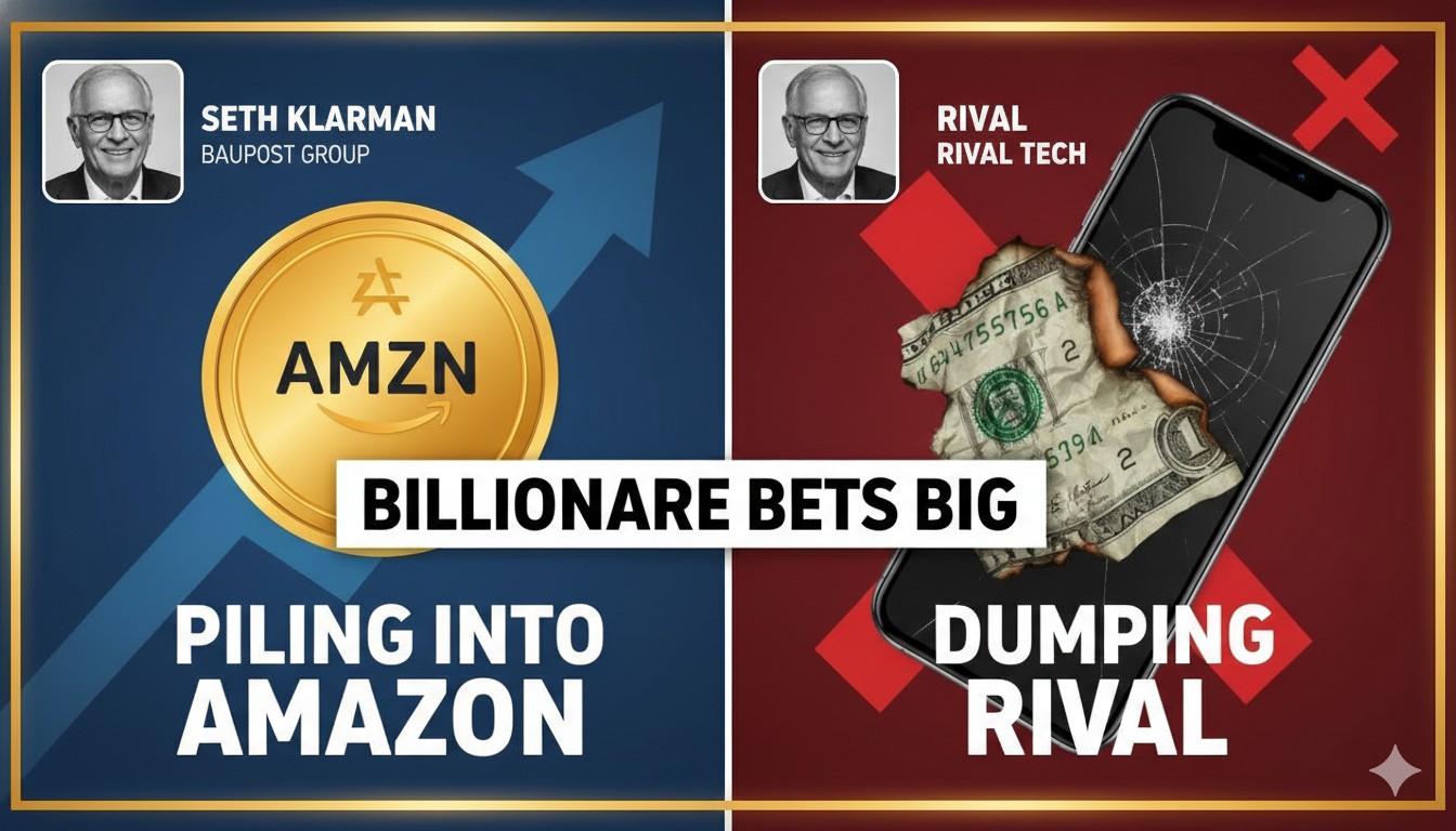 Seth Klarman, founder of Baupost Group, reviewing investment portfolios with Amazon logo in background