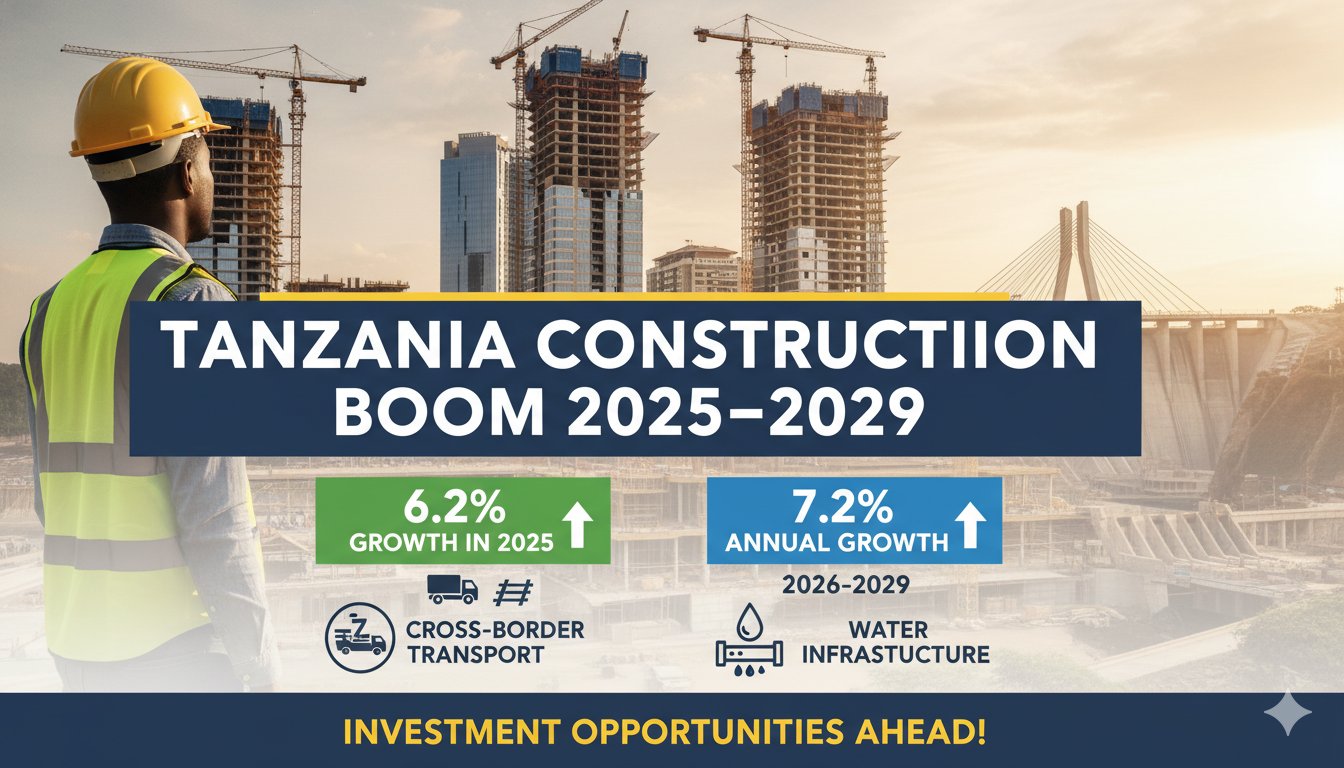 Aerial view of a bustling construction site in Tanzania with cranes and railway tracks under development