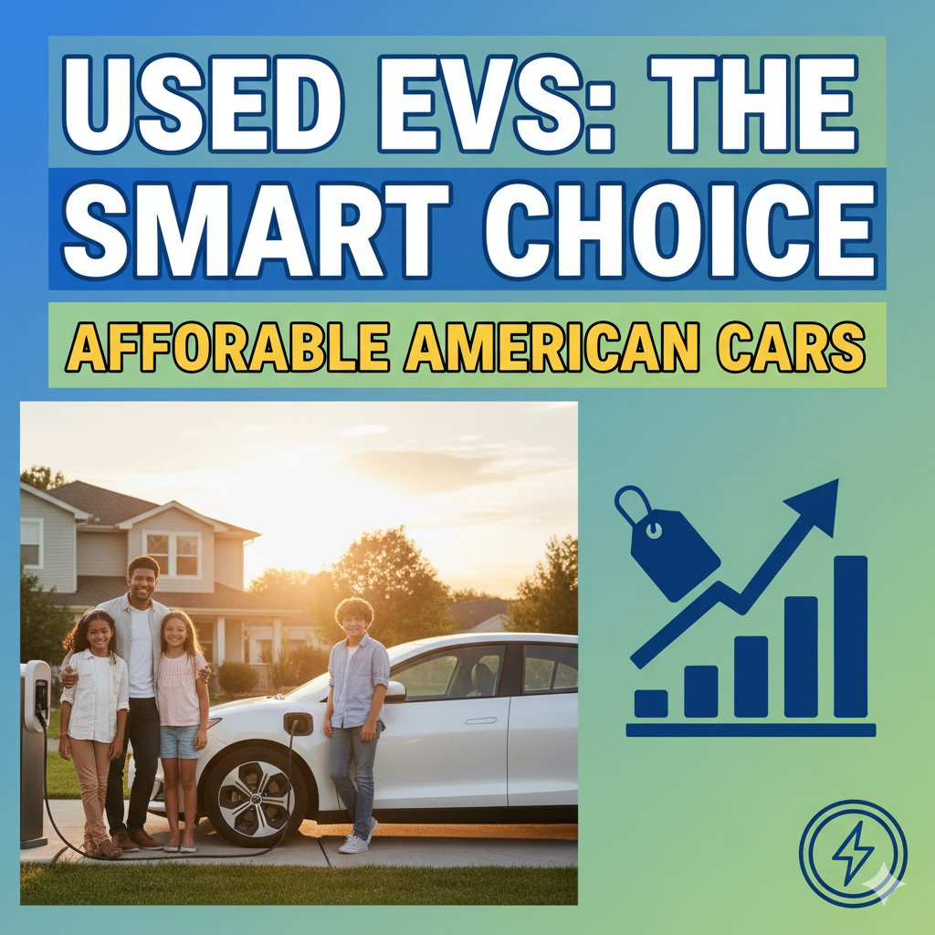 A row of used electric vehicles for sale at a dealership lot, showcasing affordable options for American buyers