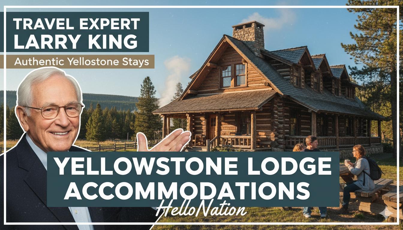 Rustic log lodge exterior in Yellowstone National Park with surrounding pine trees and mountain views