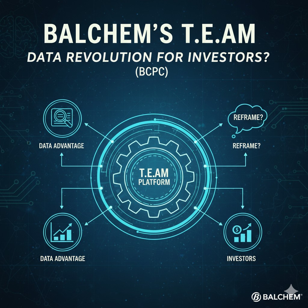 Balchem Corporation logo with digital agriculture icons representing plant tissue analysis and nutrient recommendations on a farm background
