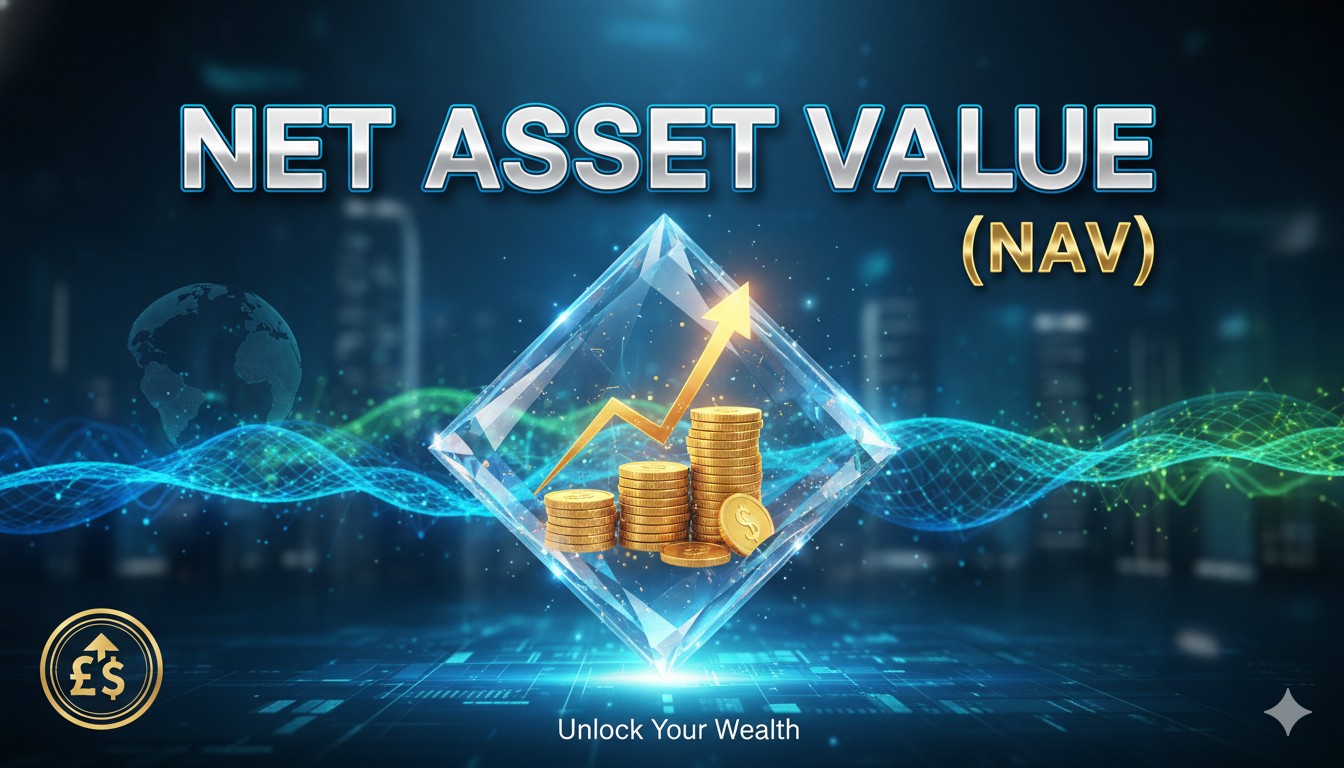 Illustration of a calculator displaying Net Asset Value (NAV) formula with mutual fund and ETF icons in the background.