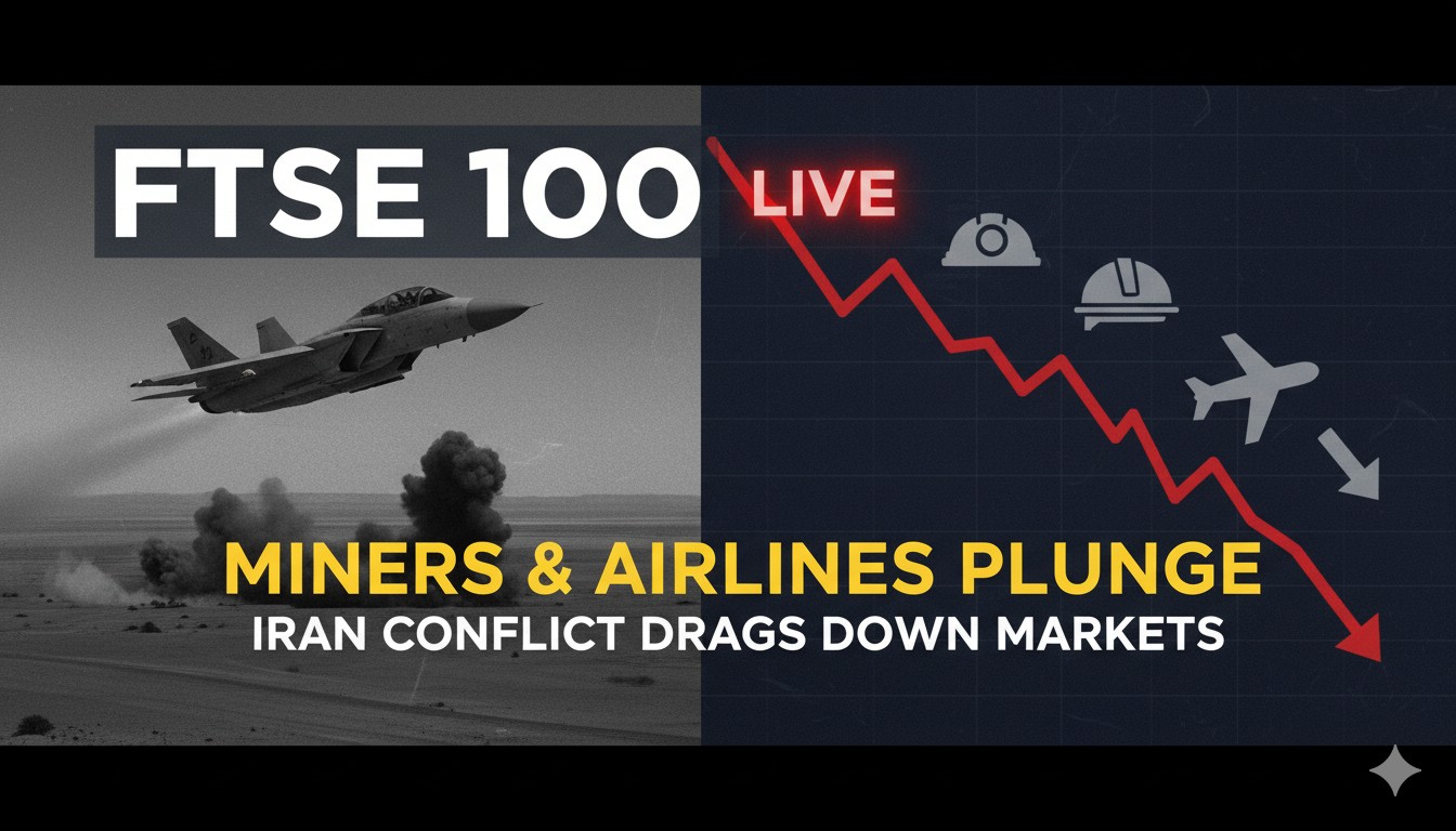 FTSE 100 index chart showing downward trend with mining and airline stock icons in background amid geopolitical tensions