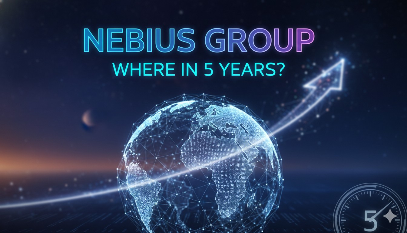 Futuristic AI data center with glowing Nvidia GPU clusters and high-density server racks representing Nebius Group's infrastructure expansion