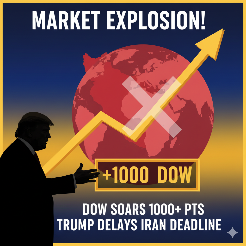 Dow Jones Industrial Average surges over 1000 points on Wall Street trading floor amid relief from Trump delaying Iran strikes