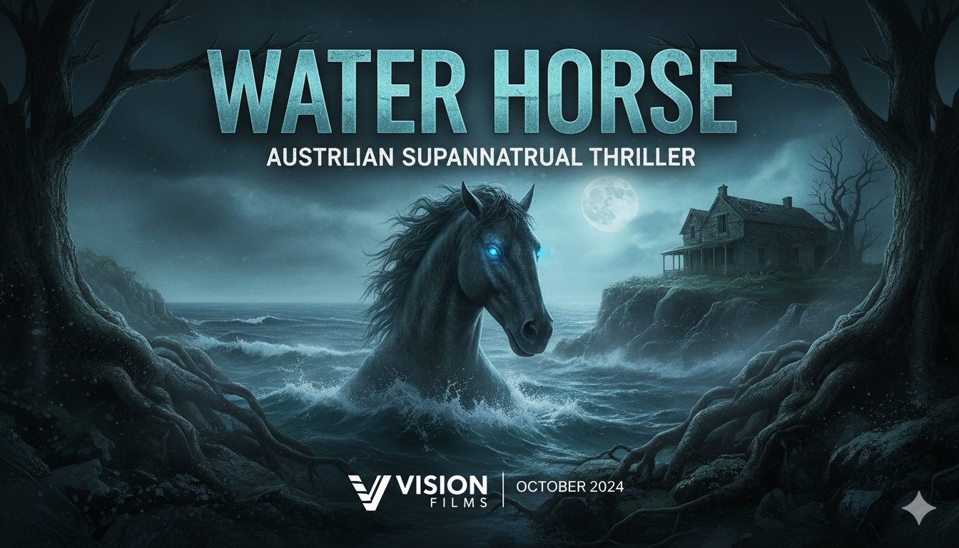 Poster or key art for the Australian supernatural thriller film Water Horse, featuring eerie lake waters and mysterious shadowy elements.